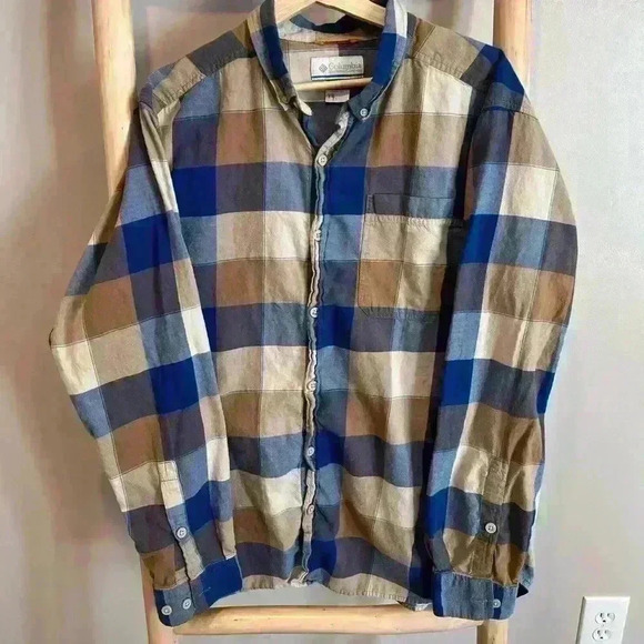 Columbia blue and brown plaid size large flannel button-up shirt - Picture 1 of 6